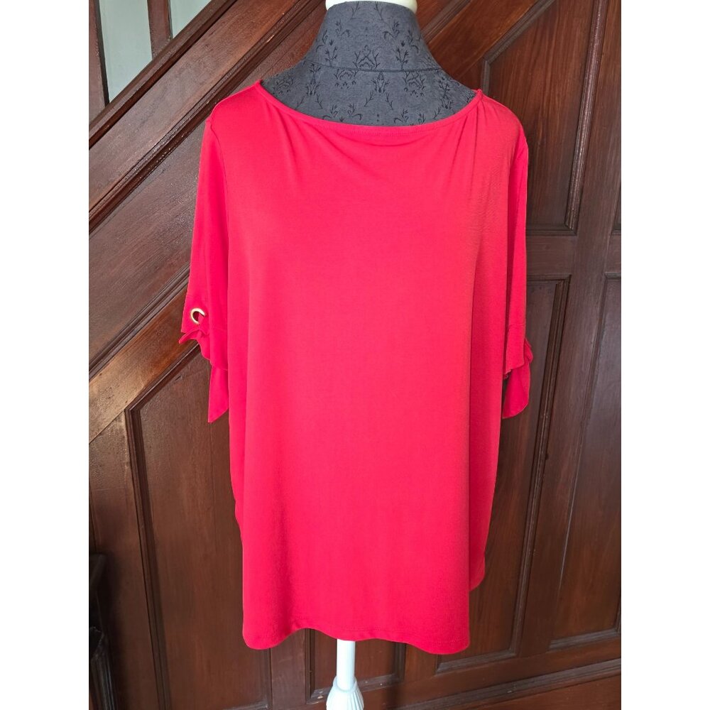 Susan Graver Womens Red 1X Top With Grommet & Tie Detail